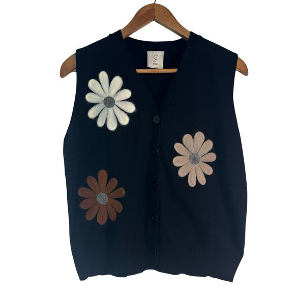 Sioni Button Front Sweater Vest Black Felted Flowers Daisys Size Med Stretchy - Picture 2 of 11